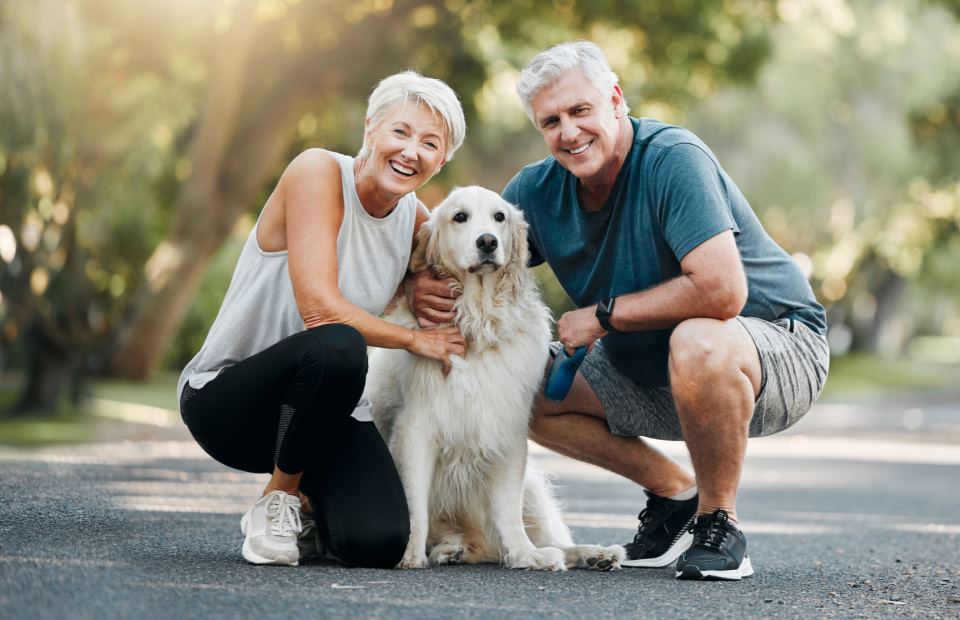 A golden retriever sits calmly while two adults crouch beside it on a paved path, surrounded by lush greenery. The individuals' faces are blurred, and sunlight filters through the trees.