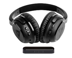 Over-ear black headphones with cushioned ear cups display volume and control buttons on the side, accompanied by a slim rectangular black transmitter with three indicator lights, placed below.