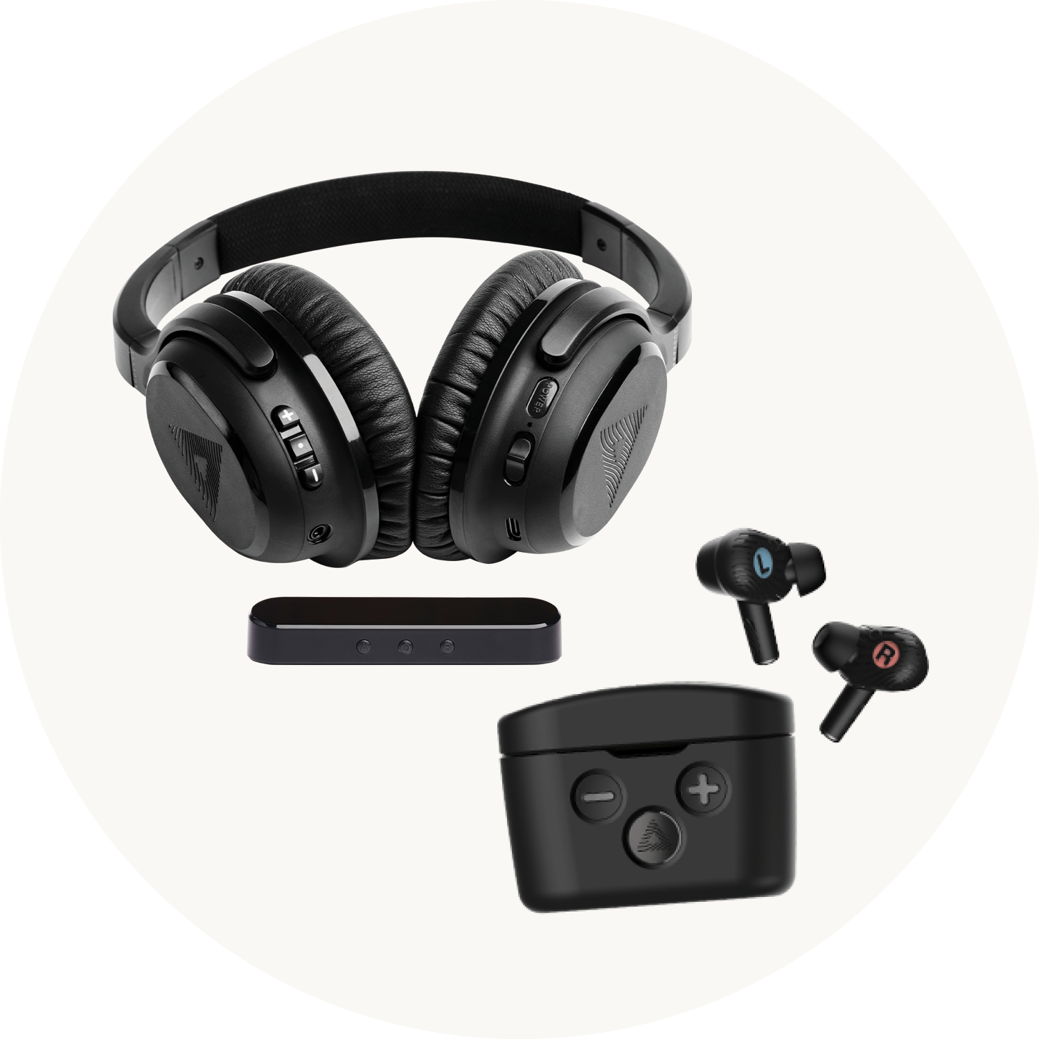 Black over-ear headphones featuring control buttons, wireless earbuds marked with ’L’ and ’R,’ a slim charging dock, and a compact carrying case, displayed against a white background.