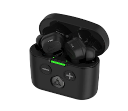 A pair of compact black hearing aids sit in an open charging case with visible control buttons (+, -) and a glowing green LED indicator, suggesting functionality and readiness for use.