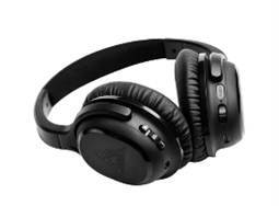 Black over-ear headphones rest on a white background, featuring cushioned ear cups, control buttons on the side, and a sleek logo resembling a fingerprint on one ear cup. No text visible.