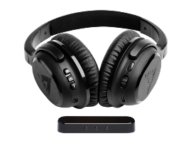 Over-ear black headphones with cushioned ear cups display volume and control buttons on the side, accompanied by a slim rectangular black transmitter with three indicator lights, placed below.