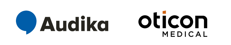 The image features the Audika logo (blue speech bubble with 'Audika' in black text) and the Oticon Medical logo (black text with an orange accent over the 'i') on a white background.