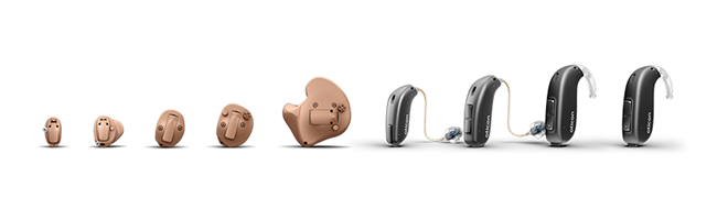 Oticon Jet hearing aid styles ranging from in-the-ear to behind-the-ear designs.