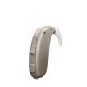 Oticon Xceed BTE hearing aid with beige casing and external controls.