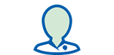 Audiologist icon in blue and white featuring a minimalist figure design