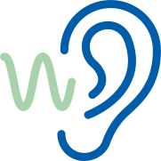 Sound wave icon next to a blue ear symbol representing hearing care or hearing checks.