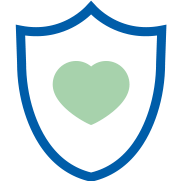 Shield icon with a green heart symbolizing protection and trust.