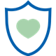 Shield icon with a green heart symbolizing protection and trust.