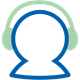 Hearing test icon featuring a blue outline of a person wearing green headphones.