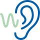 Sound wave icon next to a blue ear symbol representing hearing care or hearing checks.