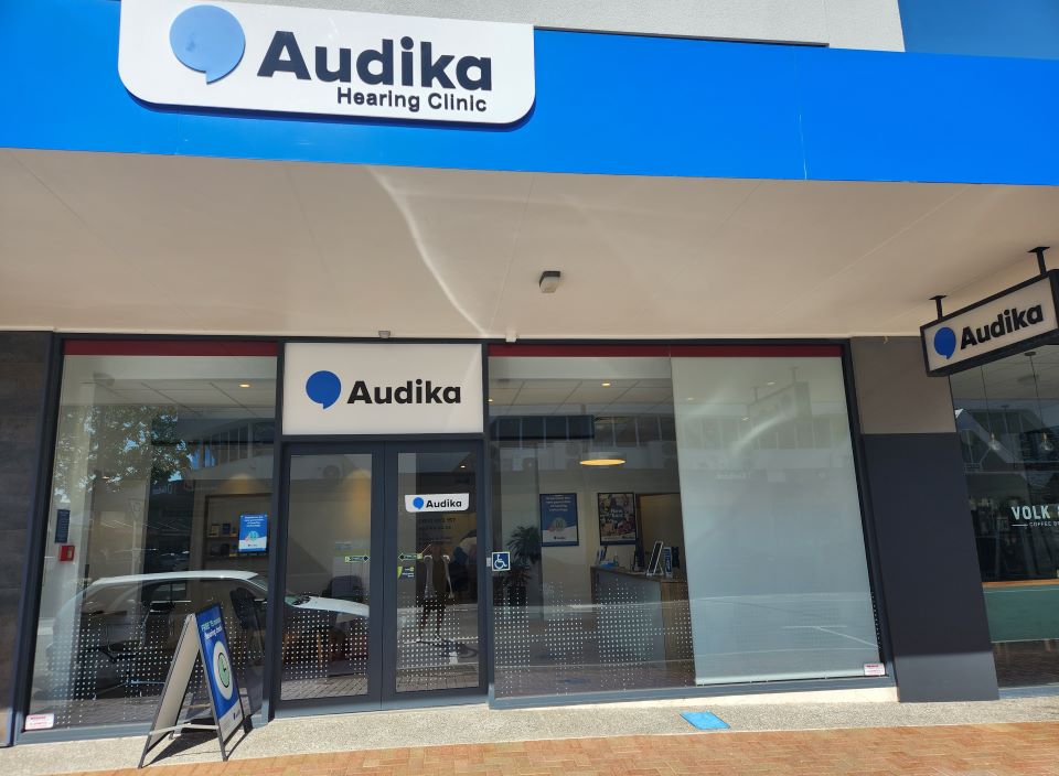 Audika Hearing Clinic in Whakatane storefront with signage and glass doors.