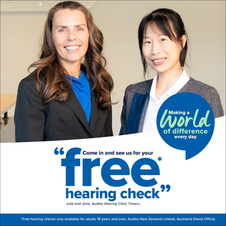 Free hearing check promotion at Audika Hearing Clinic Timaru featuring clinicians Julie and Jane