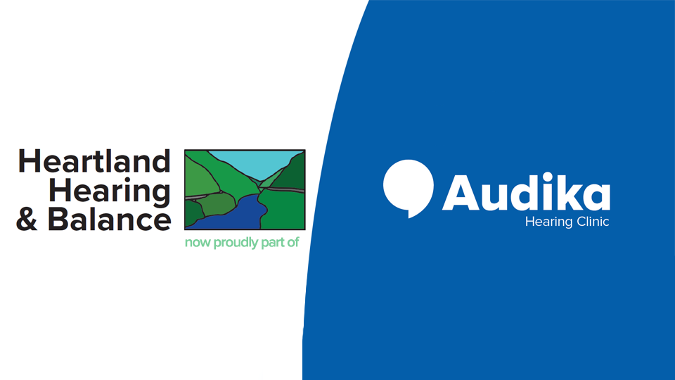 Heartland Hearing & Balance logo alongside Audika Hearing Clinic branding, highlighting their partnership.
