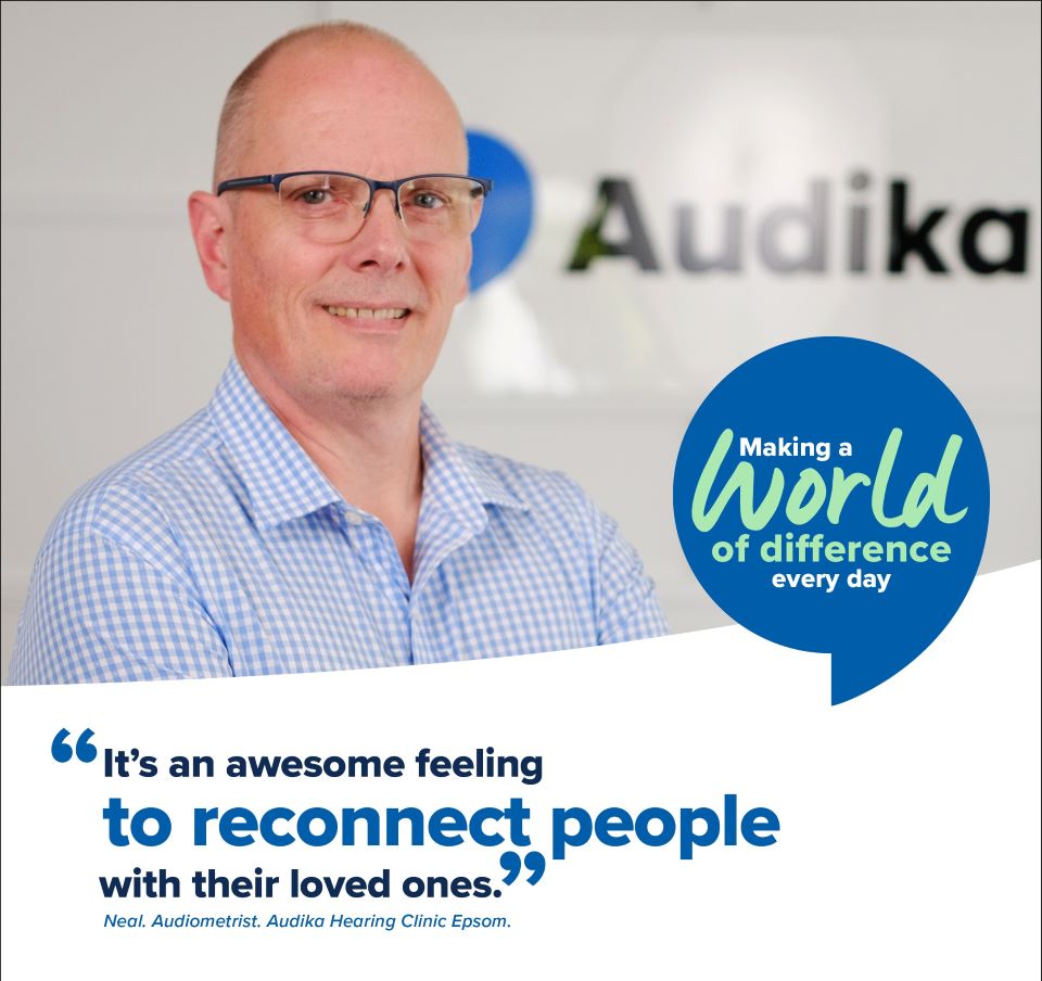Clinician at Audika Hearing Clinic in Epsom with the quote ’It’s an awesome feeling to reconnect people with their loved ones.’