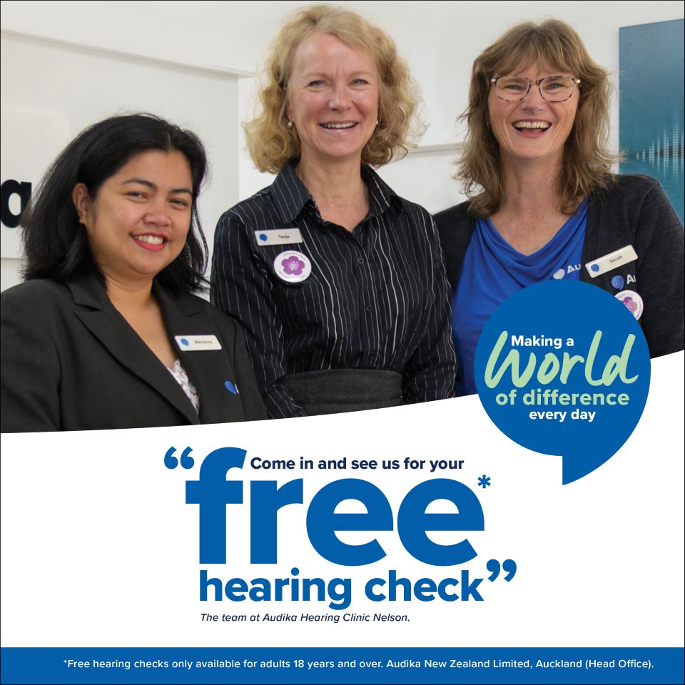 Nelson hearing clinic team offering free hearing check services.