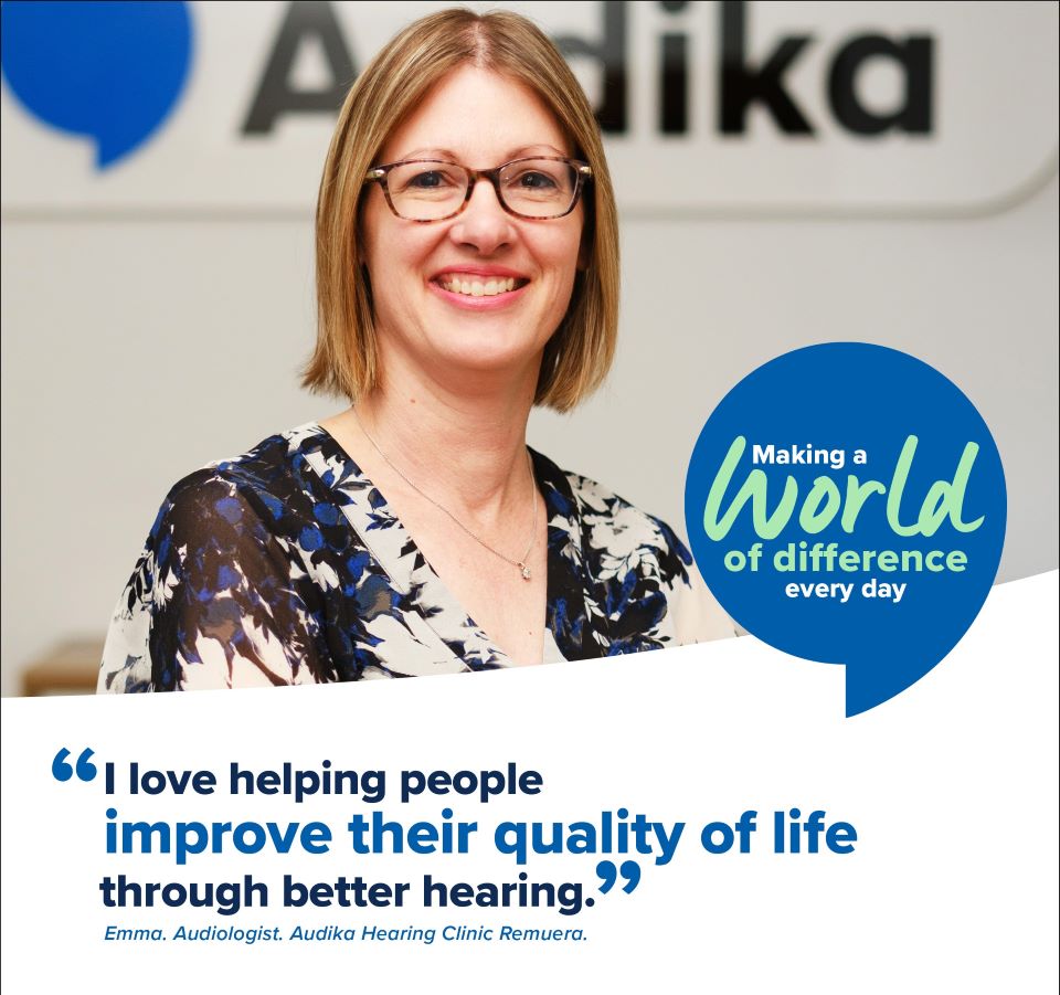Clinician at Audika Remuera Hearing Clinic with text highlighting dedication to improving quality of life through better hearing.