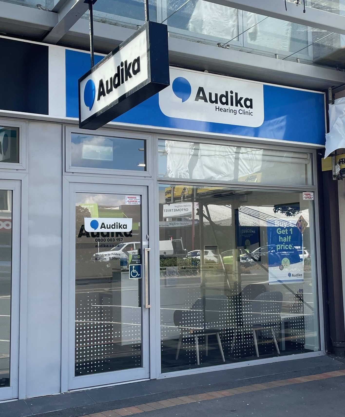 Audika Hearing Clinic storefront in Te Puke with signage and accessibility features visible.