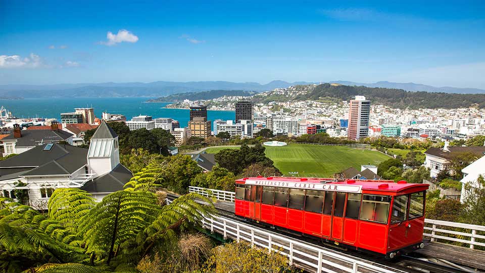 Wellington Cable Car overlooking the city skyline, lush greenery, and harbor under a clear blue sky.