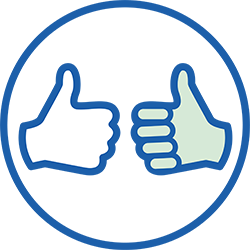 Two cartoon-style hands, outlined in blue, form a thumbs-up gesture inside a blue circular border. The left hand is white, and the right hand is light green, with no text visible.