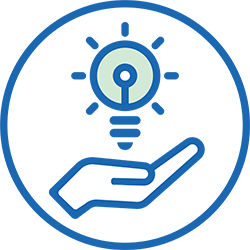A blue outlined hand holds a glowing light bulb icon, symbolizing an idea or innovation, surrounded by a circular blue frame. No text or identifiable hearing aid branding is present.