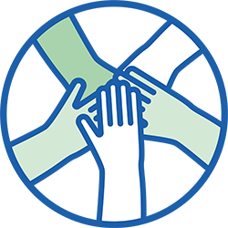 Four hands of varying skin tones overlap in a supportive gesture within a blue circular outline, symbolizing teamwork, inclusivity, and unity. No text is present in the image.