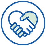 Two hands forming the shape of a heart, depicted within a blue circular border. One hand is light green, symbolizing trust and partnership, commonly associated with hearing care and support services.