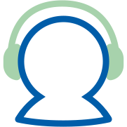 A simplified blue outline of a person wearing green over-ear headphones, symbolizing auditory focus or hearing care, with no text or brand markings. Likely relevant to audiology services or hearing tests.