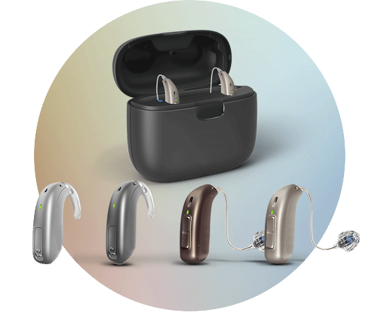 Rechargeable Oticon Zircon hearing aids with charging case and various color options.