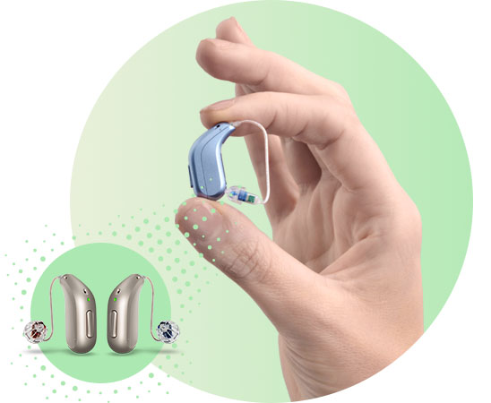 Hand holding a sleek blue hearing aid with additional hearing aid models showcased on a green gradient background.