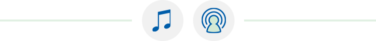 Blue music note icon next to a podcast or broadcast icon with sound waves.