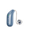 A sleek blue hearing aid with a behind-the-ear design, featuring a transparent wire connected to an earbud. The minimalistic device is set against a plain white background. No identifiable text or brand visible.