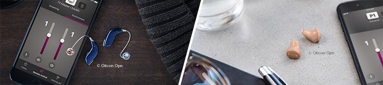Hearing aids displayed alongside a smartphone showing a hearing aid control app.