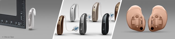 Various styles and designs of modern hearing aids, including behind-the-ear and in-the-ear devices.