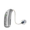 Oticon More hearing aid with sleek silver design and external receiver.