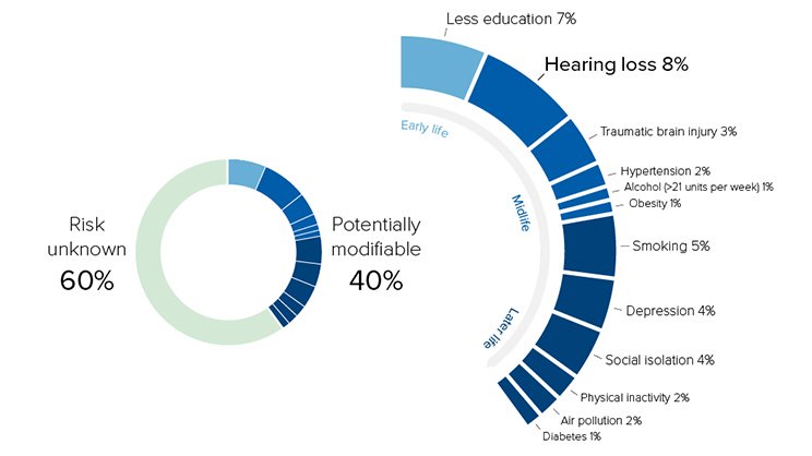 Twelve modifiable risk factors for hearing loss displayed as a chart, including less education (7%), hearing loss (8%), traumatic brain injury (3%), hypertension (2%), alcohol consumption over 21 units weekly (1%), obesity (1%), smoking (5%), depression (4%), social isolation (4%), physical inactivity (2%), air pollution (2%), and diabetes (1%), accounting for 40% of the risk.