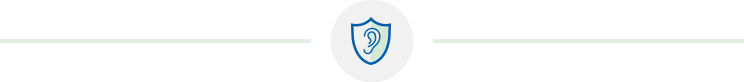 Shield icon with a hearing-related symbol inside