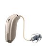 Receiver-in-the-ear (RITE) hearing aid with sleek beige casing and a transparent dome tip.