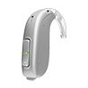 Behind-the-ear hearing aid with powerful amplification and sleek silver design