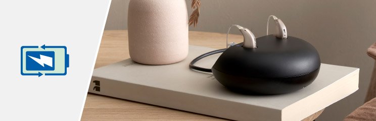 Hearing aid charging case with two beige hearing aids placed on a closed book next to a decorative vase.