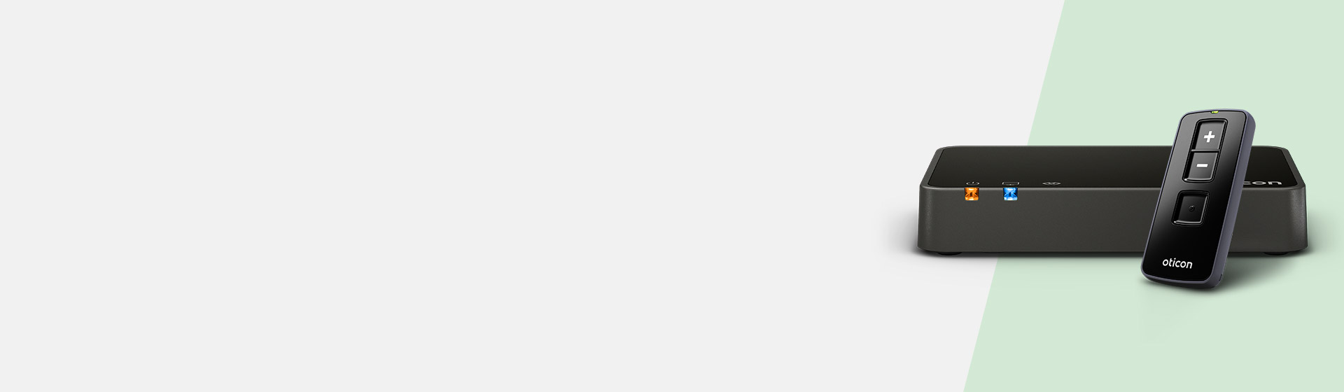 Hearing aid accessories, including a black remote control with volume buttons and a compact wireless connectivity device labeled Oticon.