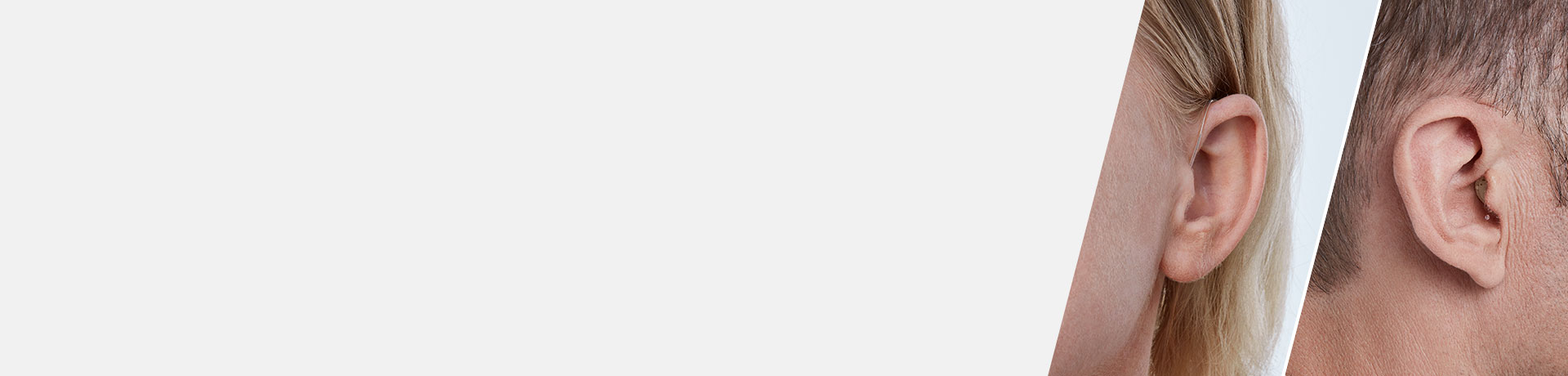 Hearing aids worn behind the ear by a woman and a man, showcasing different styles and fittings.