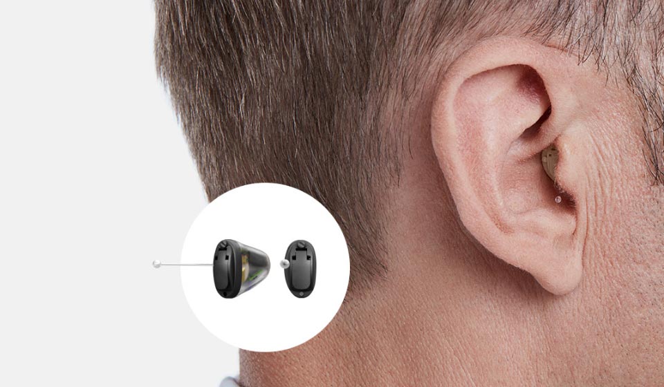 Man’s ear with discreet invisible hearing aid inserted and a close-up view of the device in a white overlay.