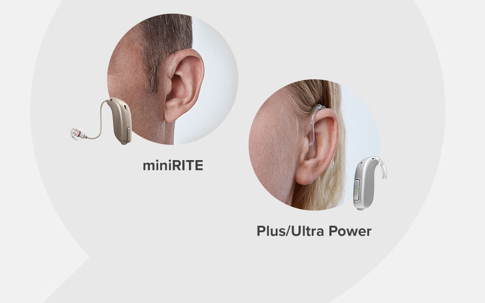 Two modern hearing aids shown in use: The miniRITE sits discreetly behind a man’s ear, while the Plus/Ultra Power provides higher amplification for a woman. Text: ’miniRITE’ and ’Plus/Ultra Power.’