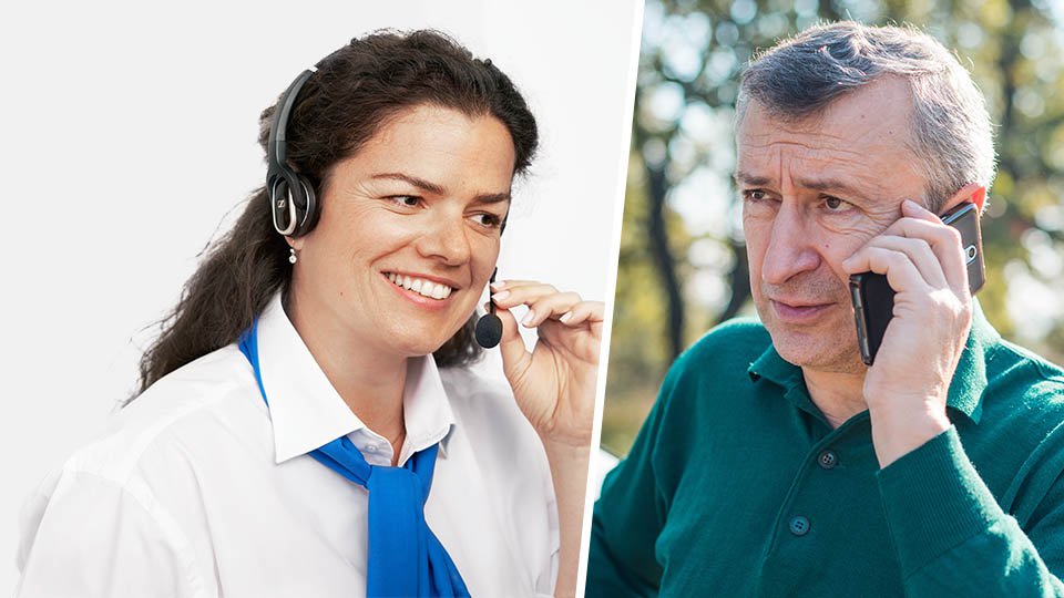Audiologist discusses hearing loss assessment with a man over the phone.