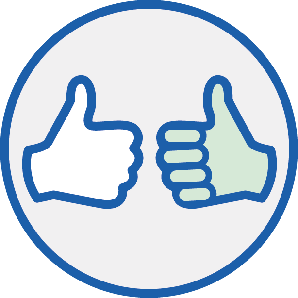 Two stylized thumbs-up icons, one white and one light green, enclosed in a blue-outlined circle on a light gray background, suggesting positivity in a simple, minimalistic design. No text included.