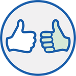 Two stylized thumbs-up icons, one white and one light green, enclosed in a blue-outlined circle on a light gray background, suggesting positivity in a simple, minimalistic design. No text included.