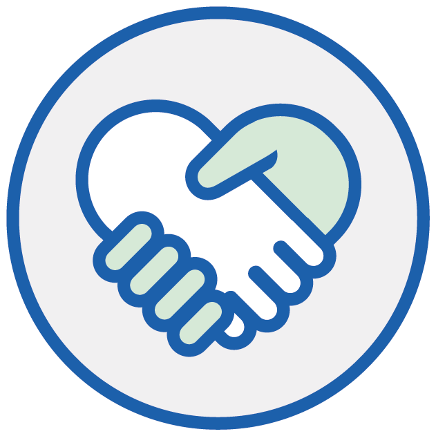 Two hands form a heart shape while shaking, symbolizing trust and care, outlined in a blue circle against a light gray background. No text is present in the image.