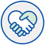 Two hands forming a heart shape symbolize partnership and care. One hand is white, the other light green, outlined in blue within a circular frame. No text is present.