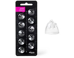 Hearing aid domes pack with individual transparent domes displayed alongside packaging.